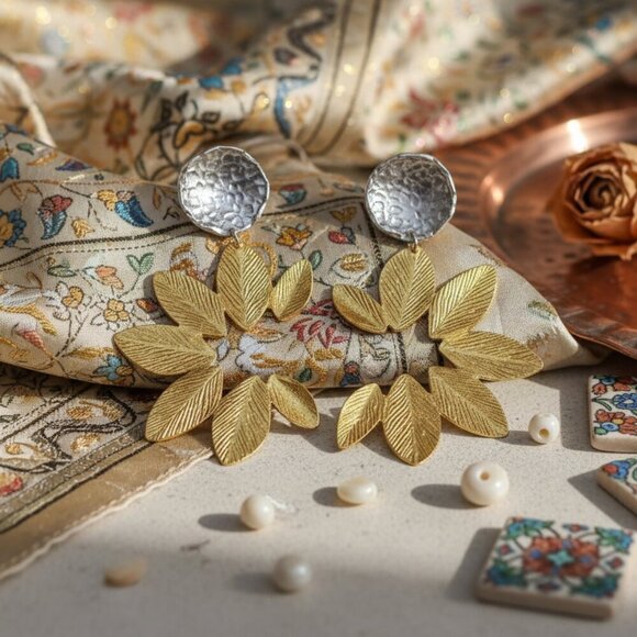 Turkish Stunning Handmade Artisan 18K Gold Plated Brass Fine Leaf Earrings - Picture 9 of 11